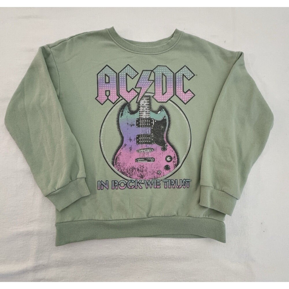 AC/DC Girls Green Pullover Sweatshirt 10/12 Crew Neck Graphic Fleece Cotton